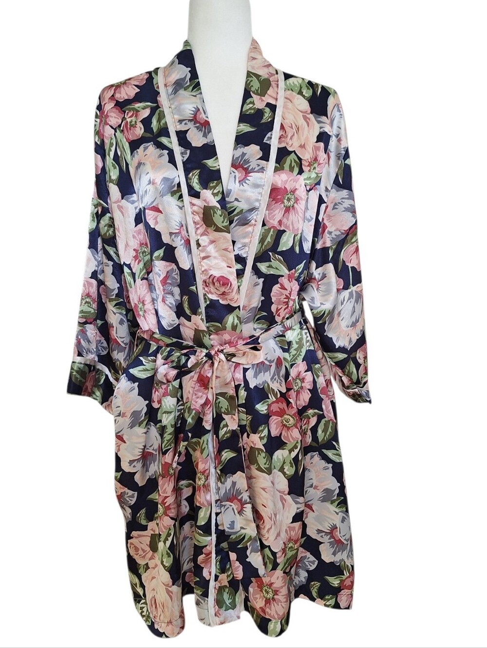 Cacique Vintage 90'S Y2K Navy Blue Pink Floral Print Satin Kimono Robe szM